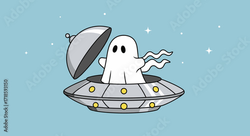 Adorable Ghost in a UFO A whimsical cartoon illustration for playful designs and creative projects
