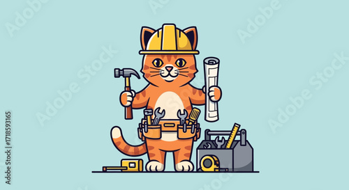 Cute cartoon cat builder in a hard hat holding a hammer and blueprints. An adorable construction worker mascot for repair services vector illustration