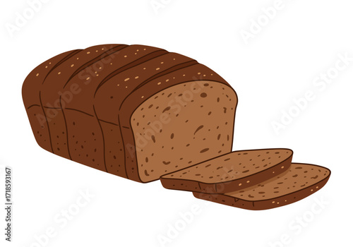 A loaf of dark bread with two slices cut all brown with speckles sits on a white background