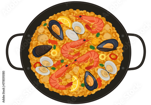 A paella dish is centered featuring shrimp mussels clams rice lemon wedges and various garnish in a black pan