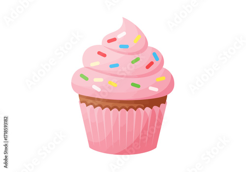 A pink cupcake with white sprinkles sits against a white background