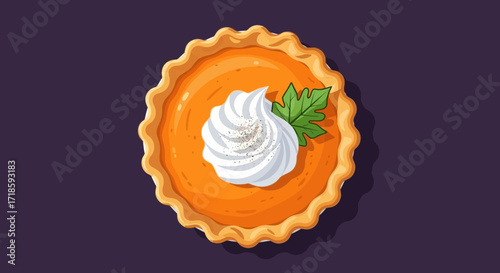 A festive illustrated pumpkin pie viewed from above, topped with a swirl of whipped cream and a leaf garnish. A classic autumn dessert for Thanksgiving and holiday celebrations