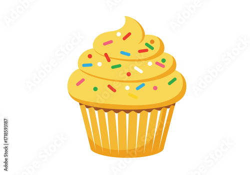 A goldenyellow cupcake with vanilla frosting and colorful sprinkles in a yellow wrapper on a white background