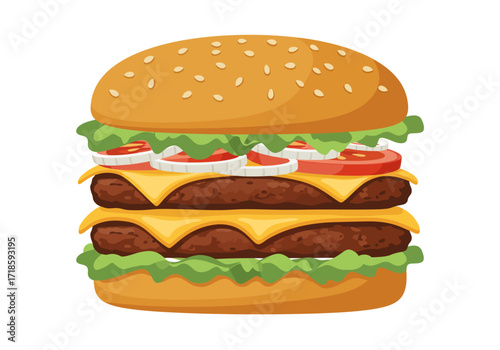 A double cheeseburger stacked with lettuce tomato onion cheese  sesame seed bun isolated on a white background