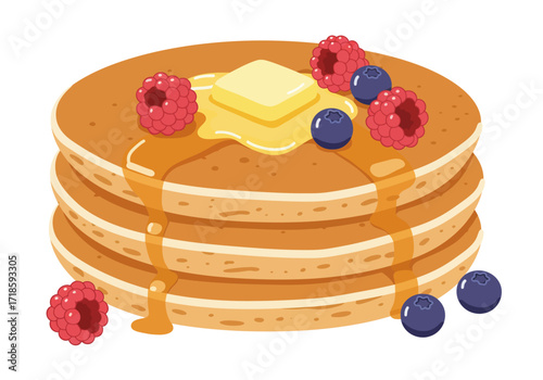 A stack of pancakes topped with butter maple syrup raspberries and blueberries