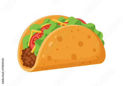 A taco is filled with beef tomatoes cheese and lettuce enclosed in a folded orange tortilla