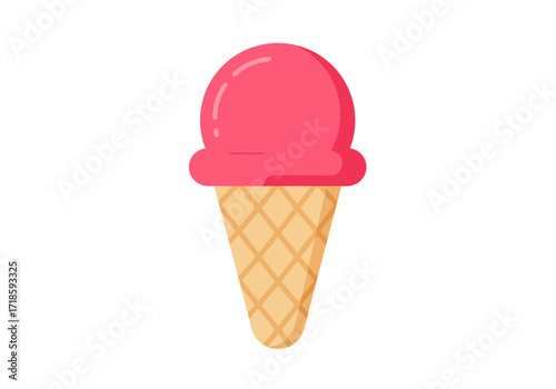 A strawberry ice cream cone with a light tan cone on a white background