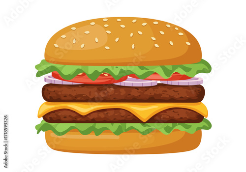 A vector art illustration of a stacked burger with sesame bun patties lettuce cheese tomato and onion slices