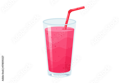 A tall glass holds a red smoothie with a matching straw standing on a white background