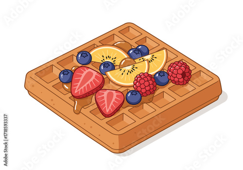 A waffle topped with strawberries kiwi raspberries blueberries and drizzled with syrup