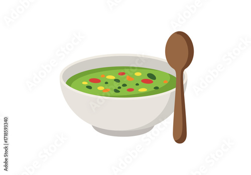 A white bowl filled with green soup accompanied by a wooden spoon on the side