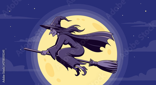 Witch Riding Broom in Moonlight Halloween Night Cartoon
