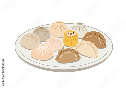 An assortment of dim sum sits on a white plate