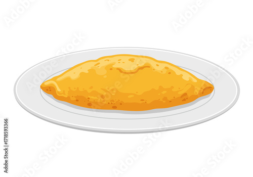 An oval goldenyellow pastry resting on a white plate with a gray rim