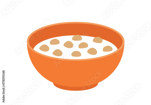 An orange bowl filled with white liquid and small tan spherical items
