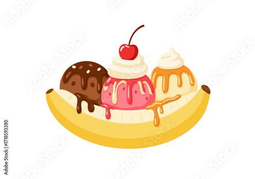 Banana split cartoon depiction with banana scoops of ice cream whipped cream cherry and syrup topping