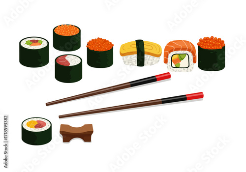 Assorted sushi pieces with chopsticks and a rest