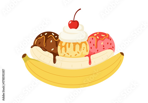 Banana split with three scoops of ice cream sauce whipped cream and cherry on a yellow banana