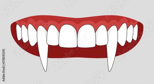 Stylized illustration of a creature's menacing fangs and red lips, depicting a classic vampire concept ideal for spooky Halloween designs or fantasy horror themes