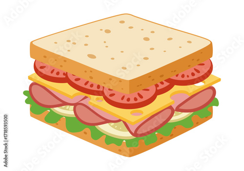 Cartoon square sandwich w bread cheese tomato ham lettuce and cucumber