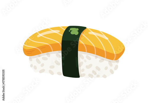 Cartoon sushi rice base topped with orange fish  secured with seaweed strip