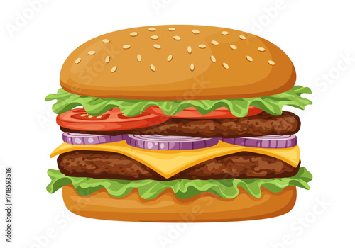 Cartoonstyle double hamburger with lettuce tomato onion cheese and sesame seed bun