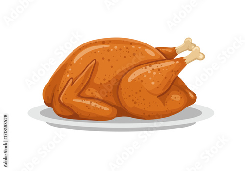 Cartoonstyle roasted turkey on a white plate against a white background