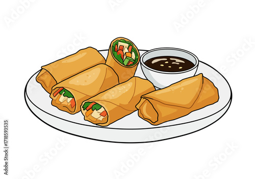 Crispy spring rolls filled with fresh vegetables on a white plate beside a dipping sauce