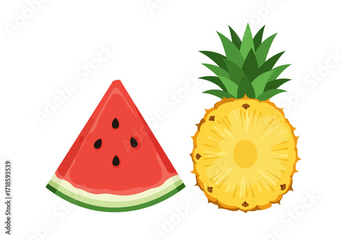 Cut watermelon slice and a halved pineapple are pictured