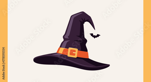 Spooky Halloween vector icon featuring a classic pointed witch hat with a golden buckle and a bat, isolated on a light background