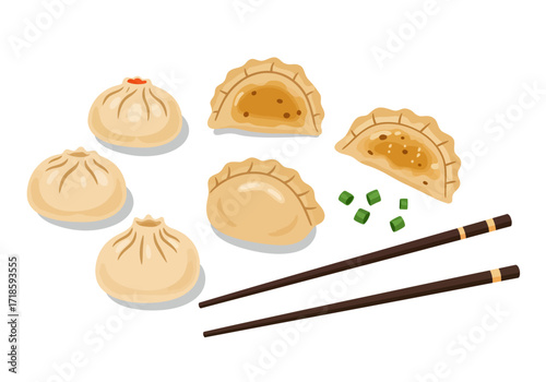 Dumplings and buns some halved with green onions and chopsticks on a white background