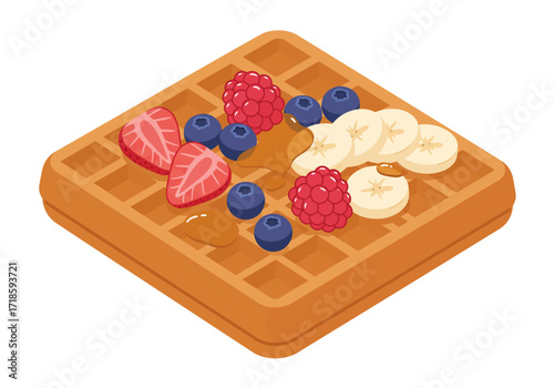 Isometric waffle topped with strawberries raspberries blueberries bananas and syrup