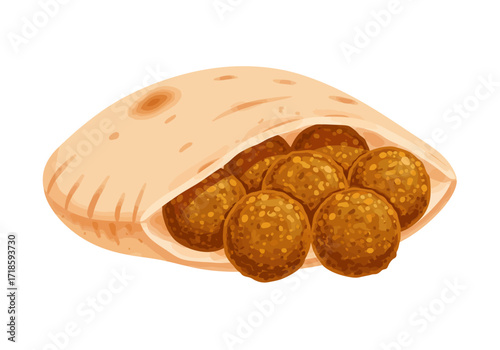 Illustration shows pita bread filled with fried falafel balls