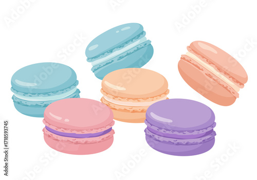 Macarons in blue pink peach  purple are scattered on a white background Theyre stacked in pairs with cream filling