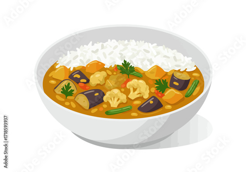 Rice and vegetable curry in a white bowl with shadow
