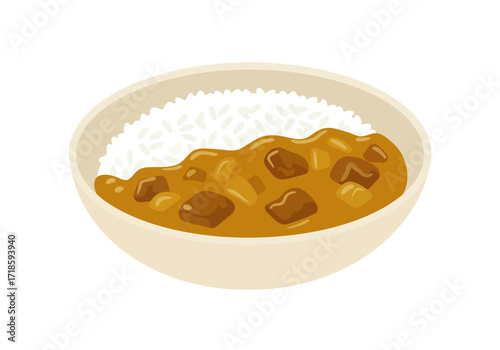 Rice and curry are presented in a tancolored bowl