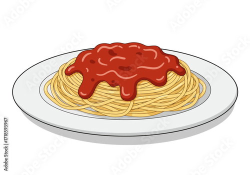 Plate of spaghetti topped with a generous serving of red tomato sauce