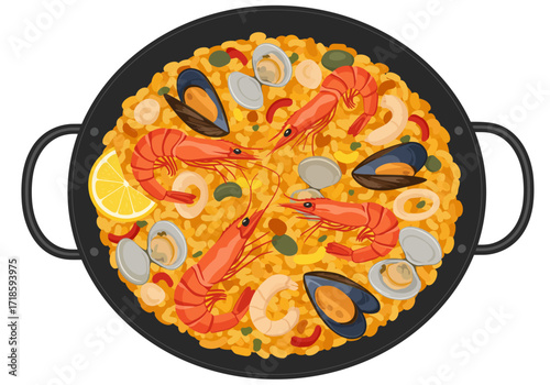 Seafood paella in a black pan with handles features shrimp mussels clams rice and lemon