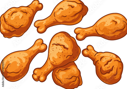 Six cartoonstyle fried chicken drumsticks scattered against a white background