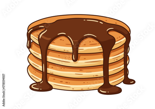 Stack of four pancakes topped with chocolate syrup isolated