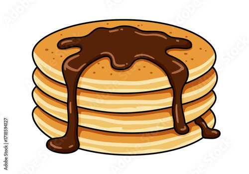 Stack of four pancakes with chocolate syrup on a white background