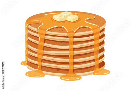 Stack of pancakes drenched in syrup topped with butter
