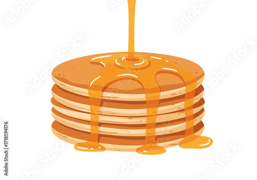 Stack of pancakes is covered in syrup creating a sweet dessert