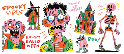 Hand drawn style halloween doodles featuring halloween monster characters