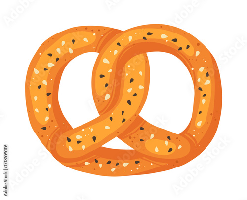 Pretzel with sesame traditional German Bavarian food. Hand drawn wheat cracker biscuit snack illustration. Vector food art for bakery grocery branding, menu logo recipe books, wallpaper packaging