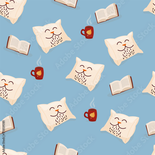 Vector seamless pattern with a cute pillow cat, hot drink mug and open book. Perfect for autumn cozy designs, textiles, wrapping paper, wallpapers, cards, invitations and seasonal decor