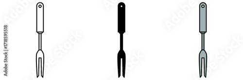An illustration of three forks, each with a different color and style. One is outlined, one is filled in black, and the other is in shades of gray.