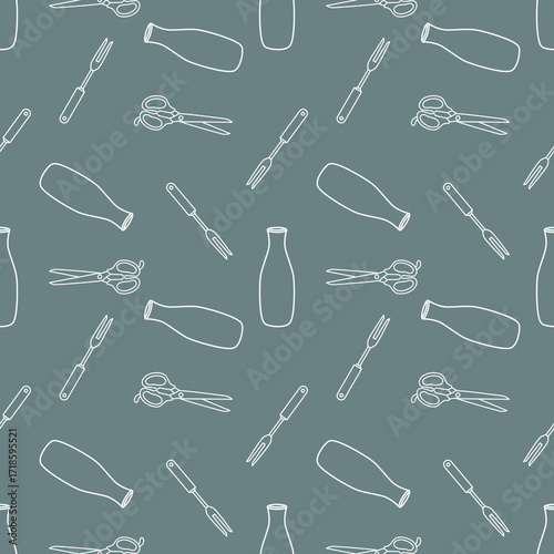 A seamless pattern featuring bottles, scissors, and forks on a muted green backdrop