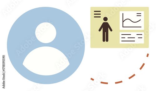 Simplified human icon next to a detailed profile and statistics panel with graphs and data elements. Ideal for analytics, user data, HR systems, communication, identity, information management