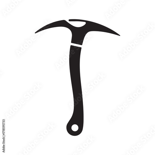 Isolated silhouette of a climbing ice ax with a hole on the bottom and white background used for hiking mountain climbing ice climbing adventure sports extreme sports